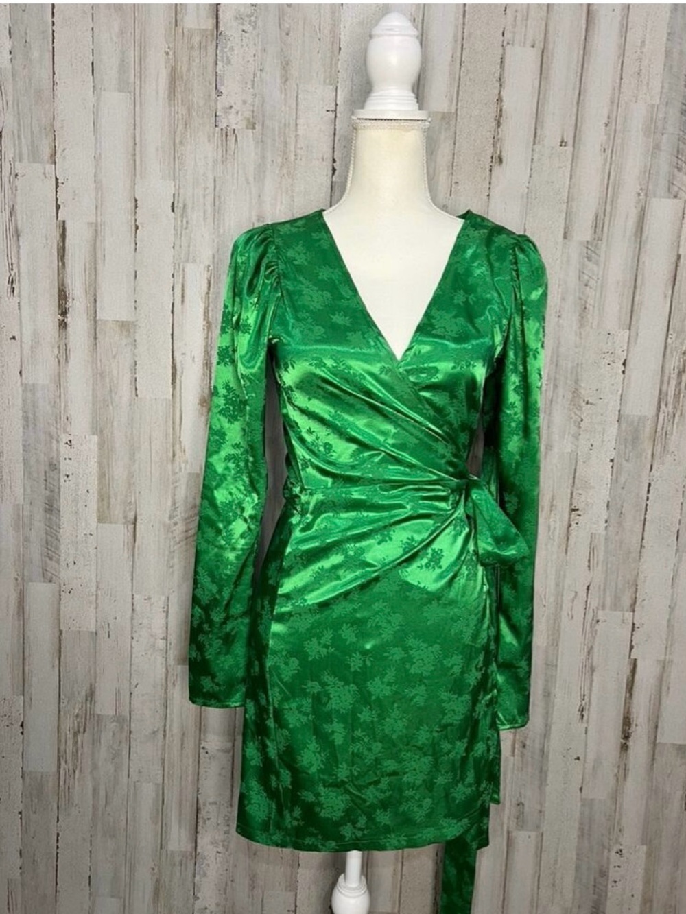 Zara Emerald Green Satin Wrap Dress with Long Sleeves